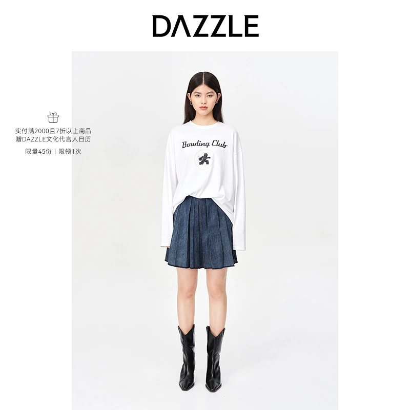 【MD】【精选】DAZZLE地素雪花水洗A字百褶牛仔短裙半身裙女