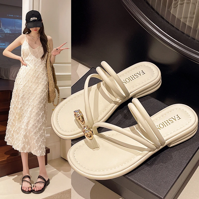 套趾拖鞋高跟粗跟凉拖鞋厚底防滑外穿水钻一字拖低跟