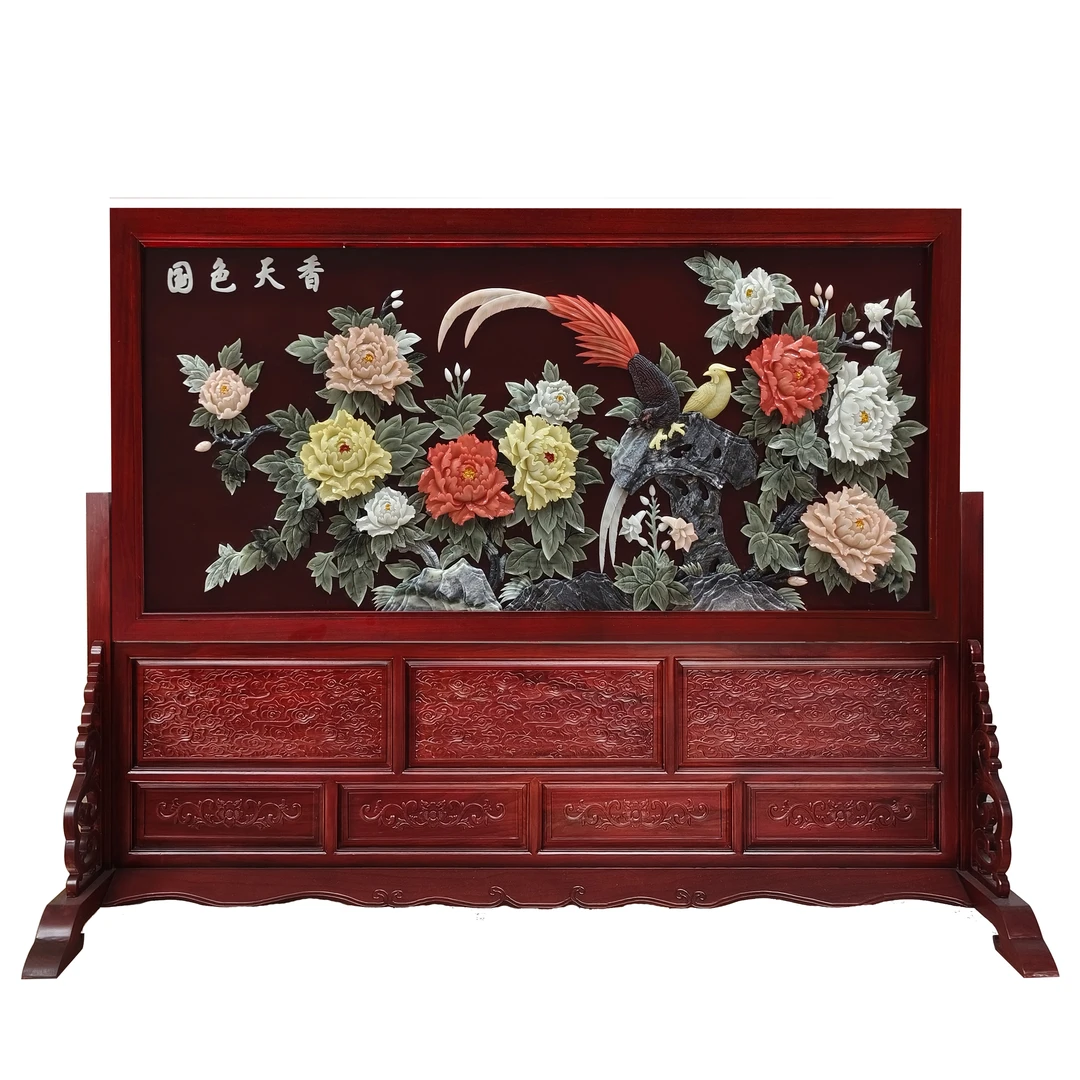 红木屏风玉雕精品手工雕刻装饰画高180厘米长220厘米福利特价抢购