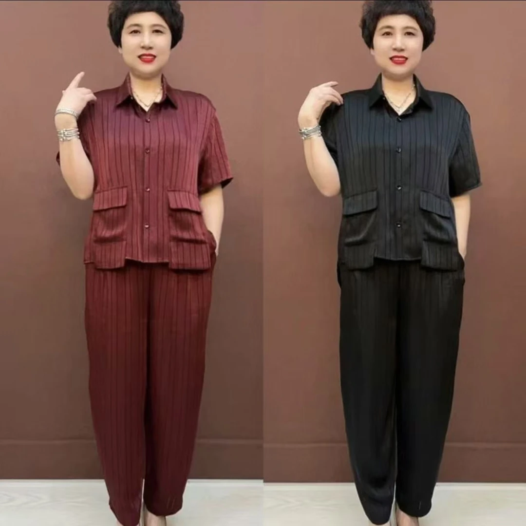 2025新款妈妈春夏显瘦套装中老年女装翻领宽松两件套装妈妈装