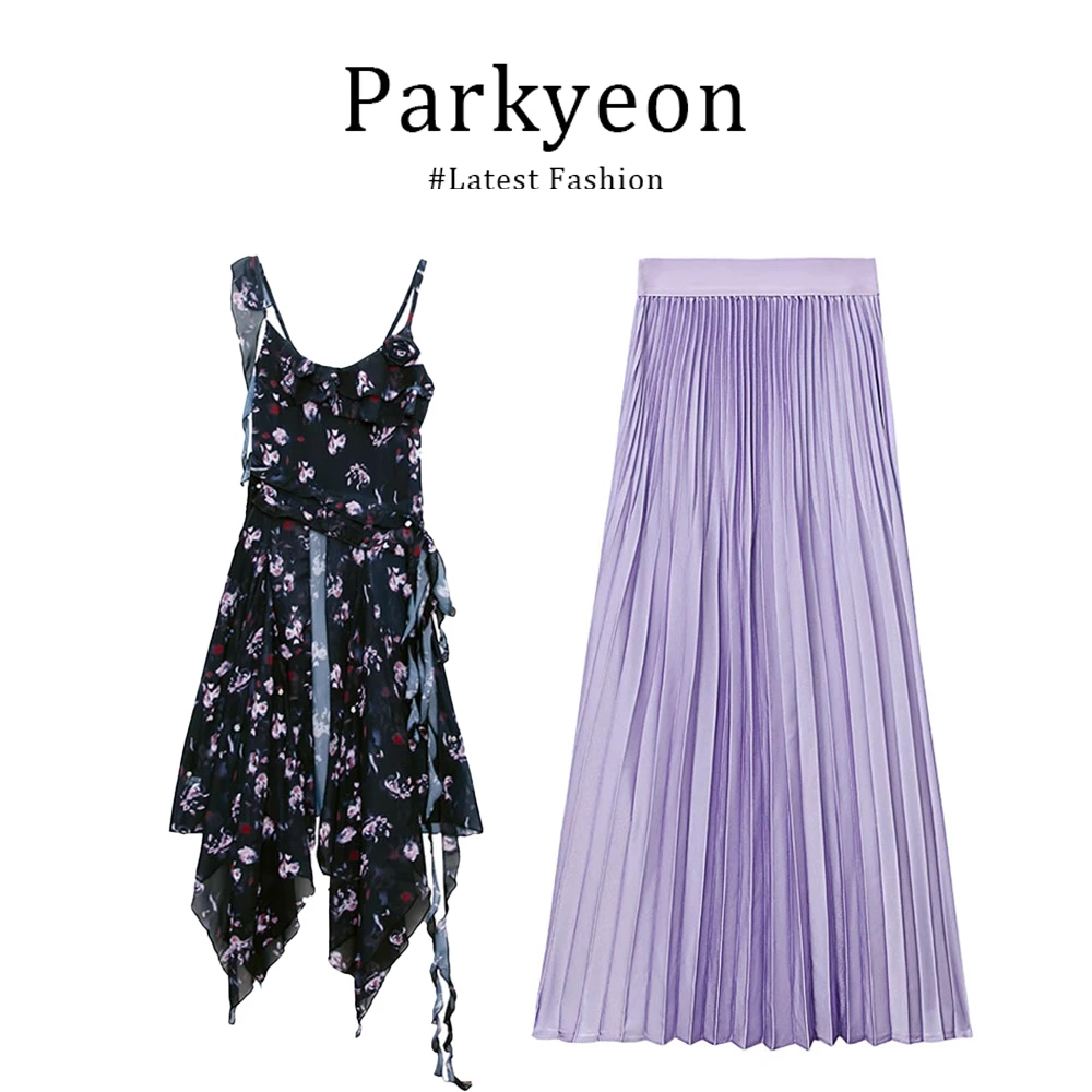 parkyeon不规则设计感碎花吊带连衣裙女高腰显瘦百褶半身裙套装夏