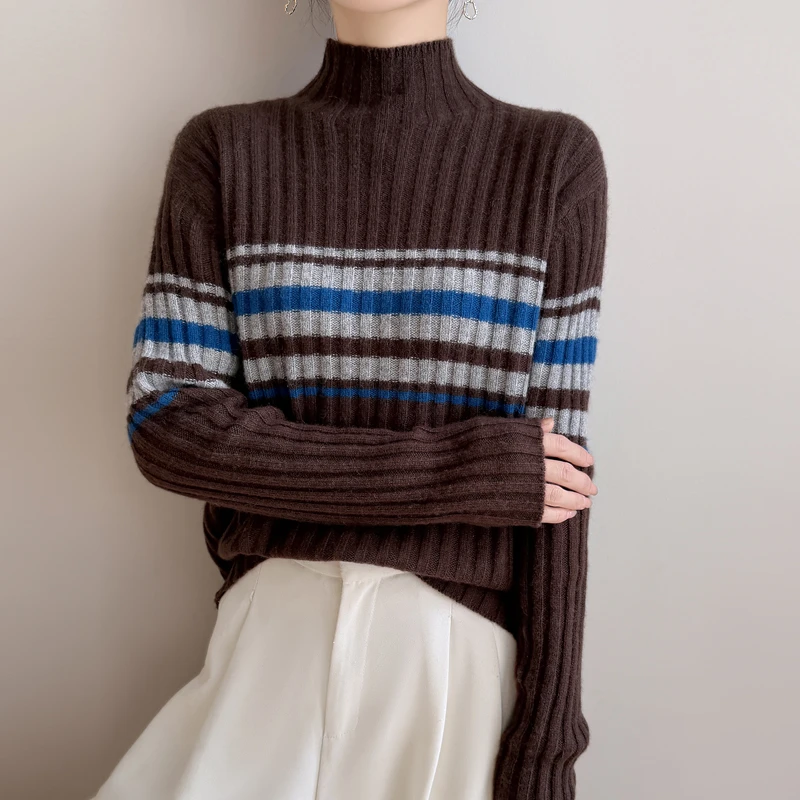 品牌撤柜正品冬季新款时尚高领条纹撞色毛衣长袖羊毛针织衫女士