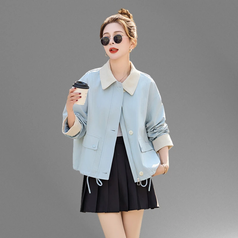 韩版拼色翻领夹克短外套女2025年春秋新款高级感宽松休闲显瘦上衣