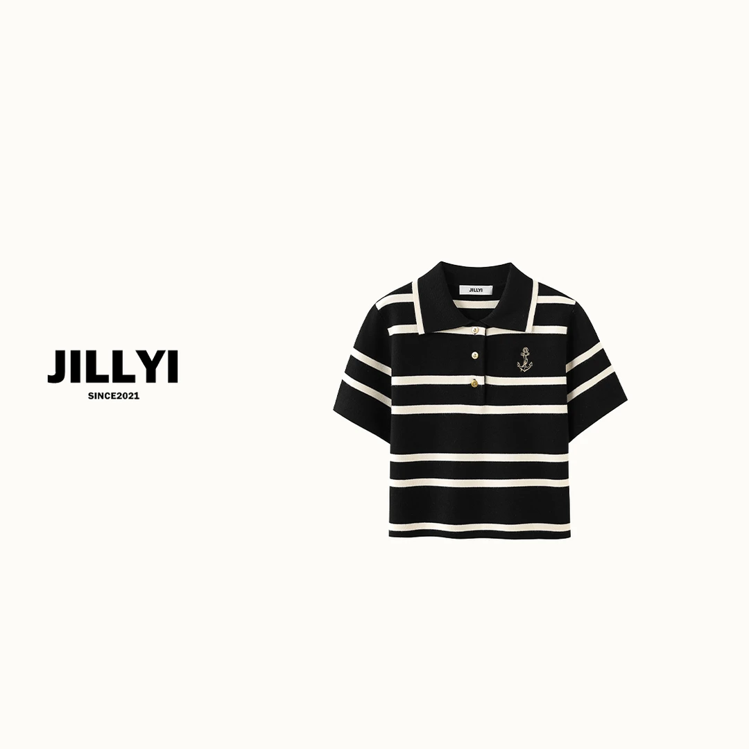 jillyi【高校学姐2.0】条纹翻领针织短袖洋气时尚休闲百搭夏季黑色