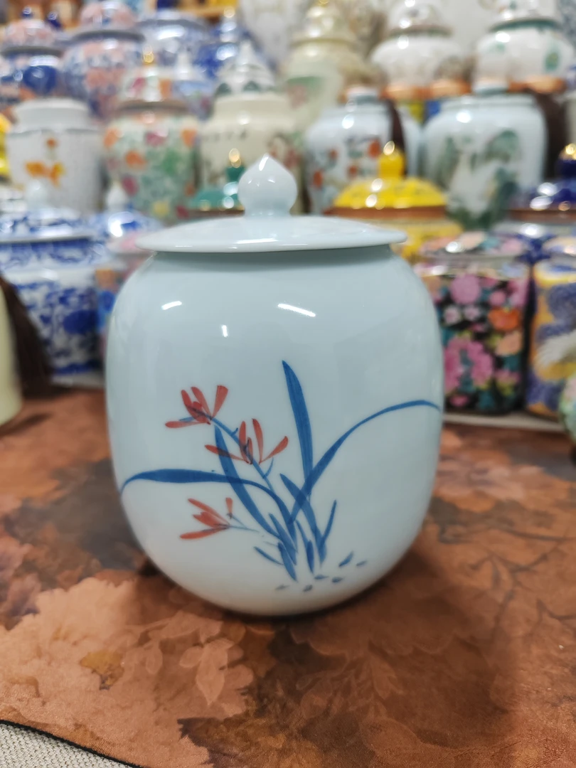 兰花手绘复古陶瓷茶叶罐青花瓷密封罐空罐储茶罐