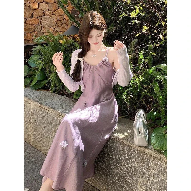 法式甜美风吊带裙套装女夏外搭防晒开衫设计感小众收腰显瘦字裙