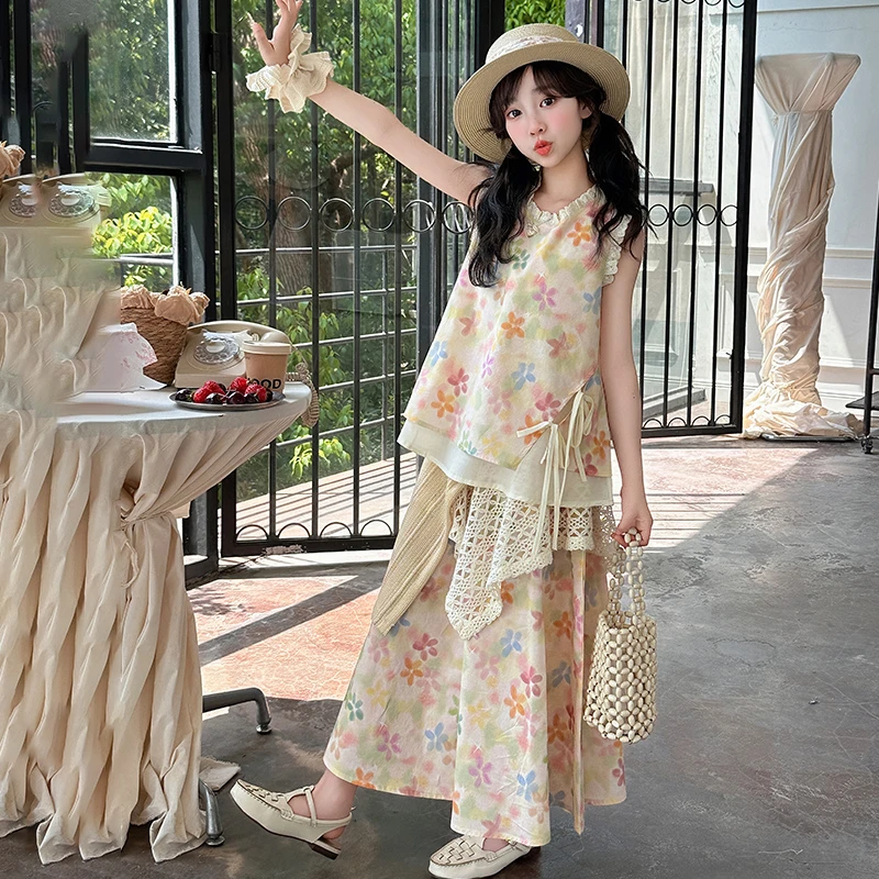 2025夏季新款女童中大童洋气时尚彩虹碎花半身裙套装女大童套装