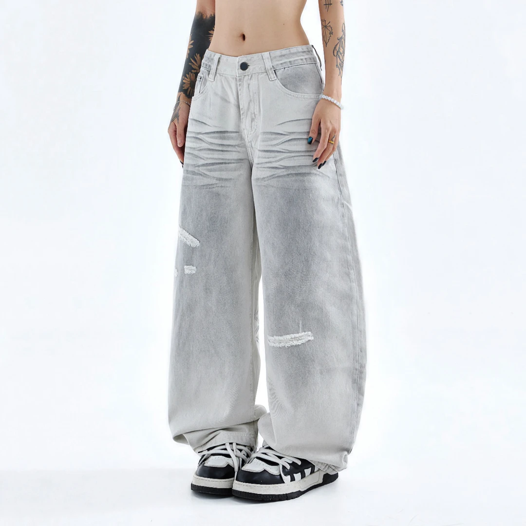 25SS[刀割破坏]脏染做旧白牛 自然脏染 压褶猫须男女直筒阔腿