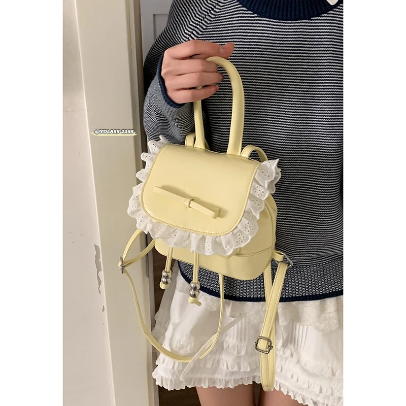 韩版时尚少女风手提小包包2025新款蕾丝花边休闲双肩背包都市简约