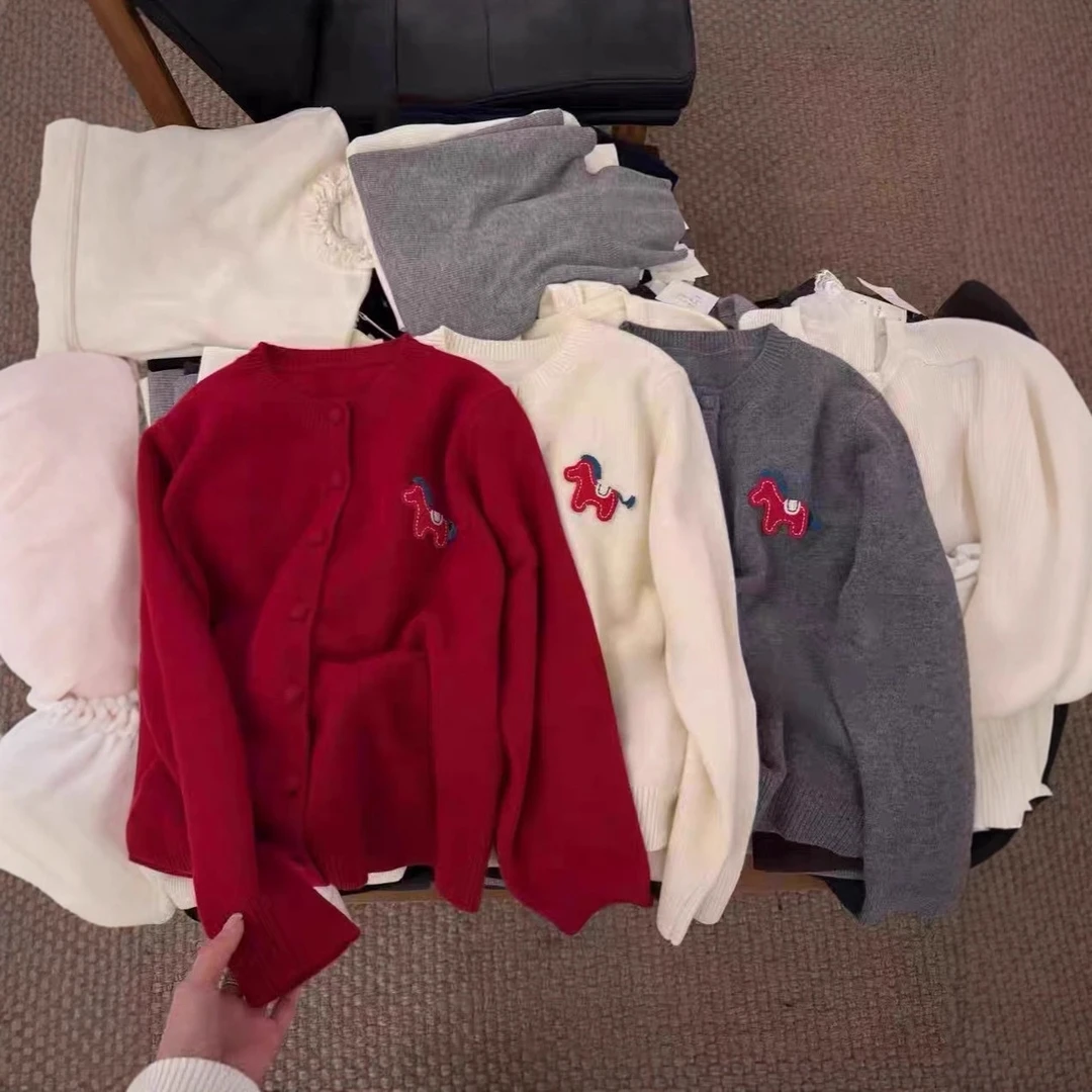 欧洲站2025秋冬新款圆领刺绣小马双层门襟宽松软糯针织开衫女潮