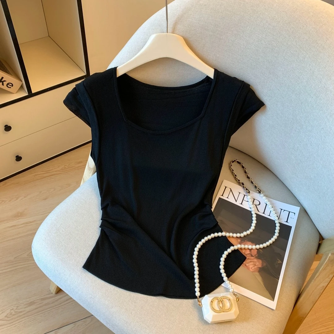 潮流时尚高端女装一手货源南瓜橘小飞袖T恤小衫夏季温柔风针织衫