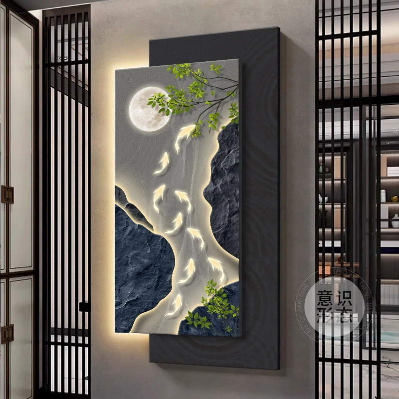 九鱼图玄关装饰画现代轻奢入户正对门挂画高级感走廊过道带灯壁画