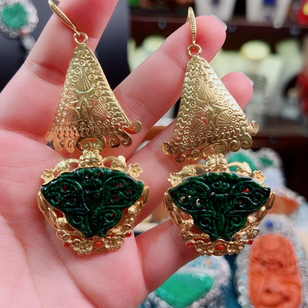 翡翠银S925镶嵌挂件耳环