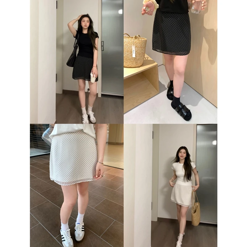 篱笆啦 miu系女生 (有内衬)复古波点短裙女显瘦圆点高腰A字半身裙