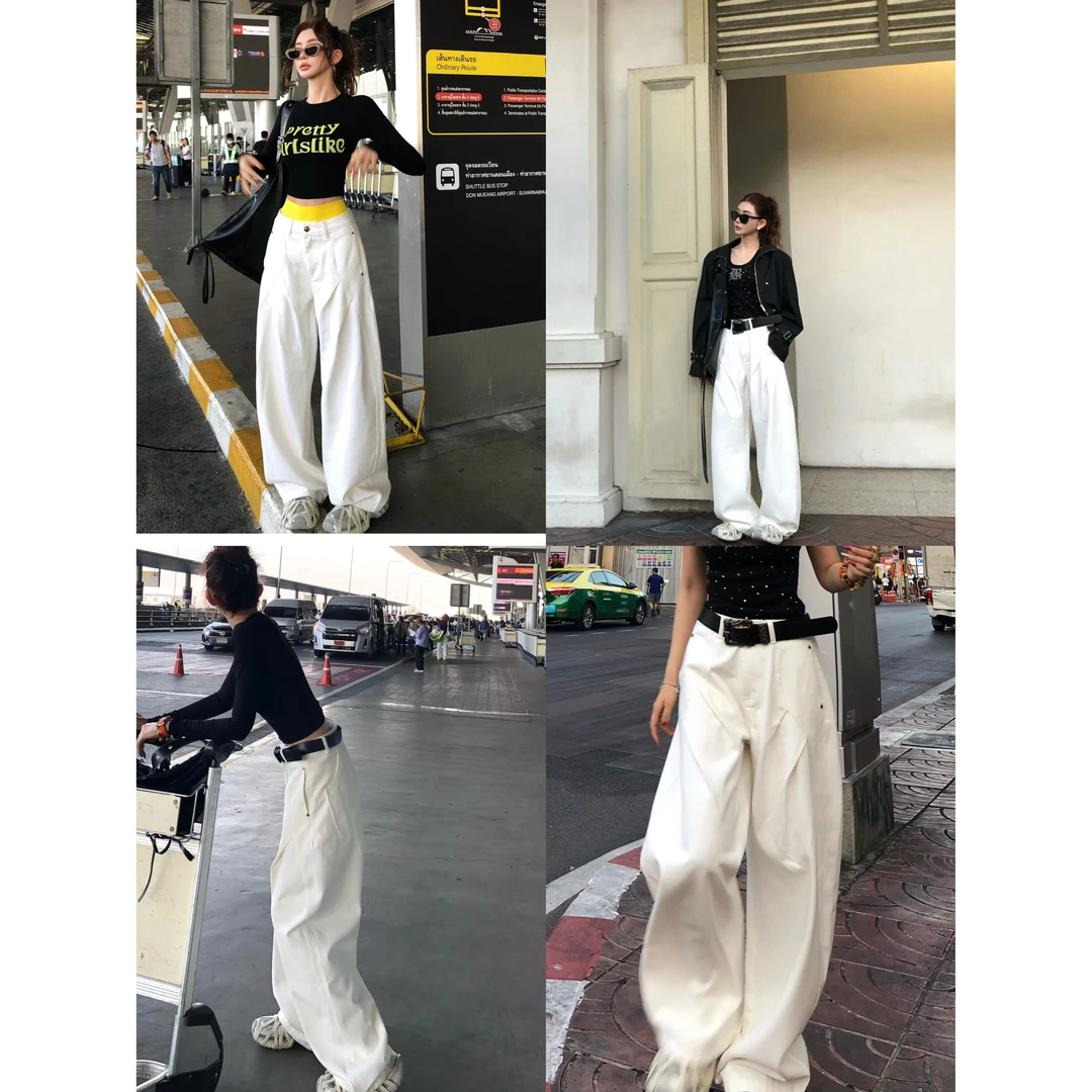 LI婉君【王炸白牛】美式宽松褶皱阔腿休闲牛仔裤LWJ25A1K008