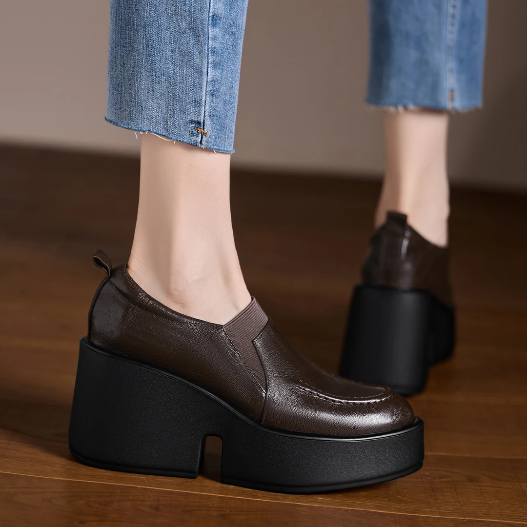 小个子手工女鞋8cm~秋季圆头单鞋不累脚高跟鞋粗跟舒适百搭小皮鞋