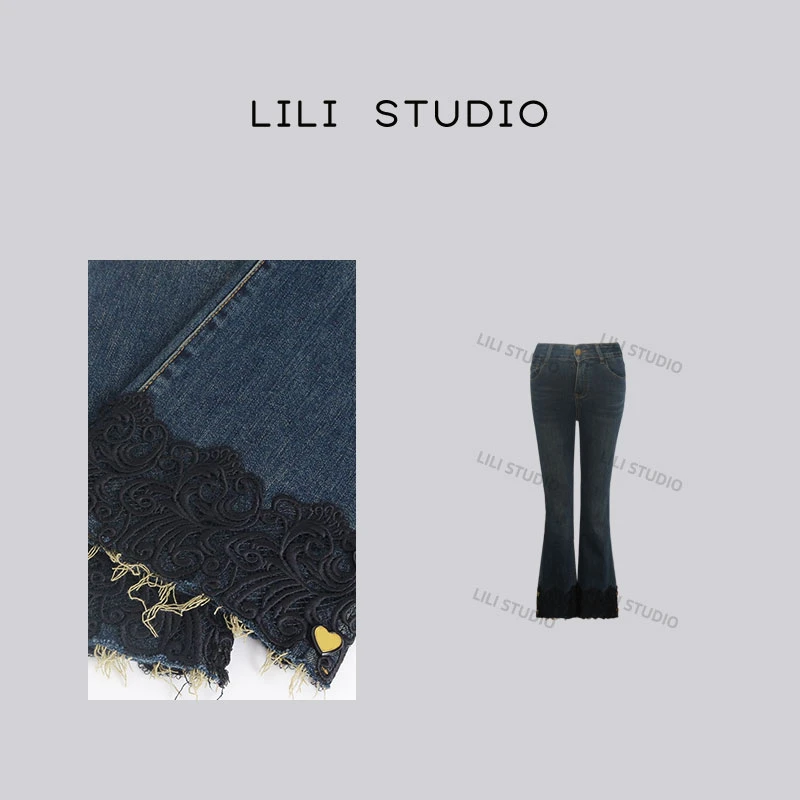 「脚口蕾丝」不理理秋季新款女装脚口蕾丝喇叭牛仔裤女