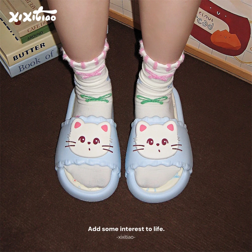 细细条 女士居家防滑休闲百搭蝴蝶结凉拖卡通软萌小猫咪一字拖鞋