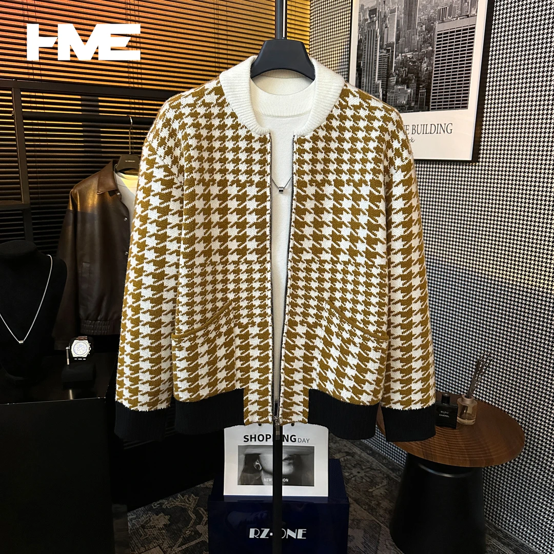 【HMEYAO】【新贵千鸟格开衫】秋冬拼接满印图案双拉链针织开衫夹克