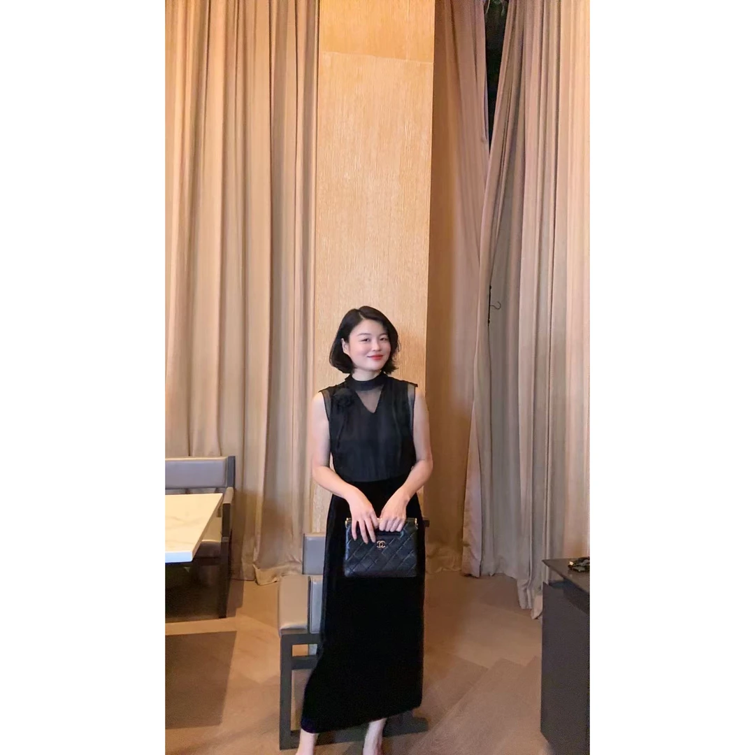TANTAN桑蚕丝丝绒 气质网纱胸花连衣裙2048