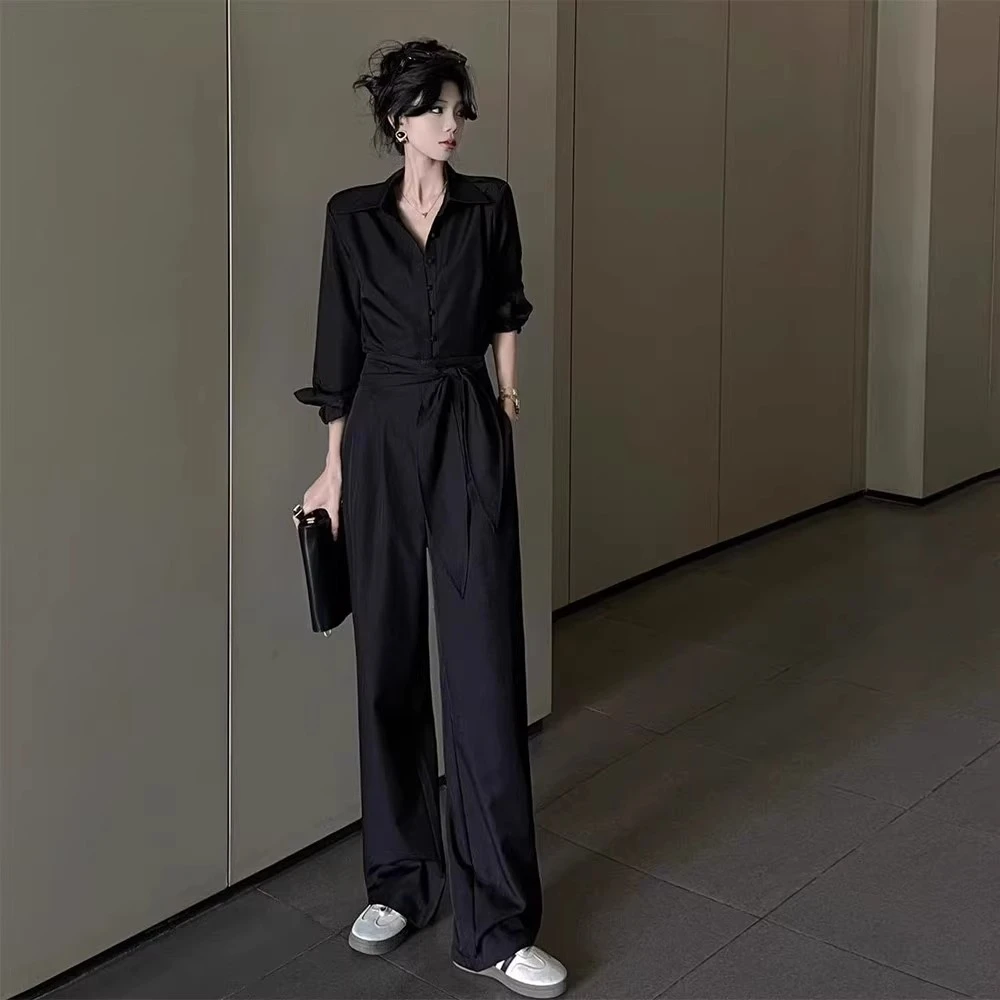 御姐轻熟两件套开春穿搭一整套气质黑色翻领衬衫阔腿裤休闲套装女