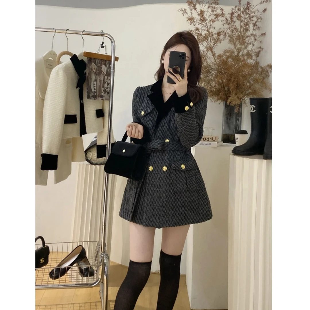 D7-2 新款高级感小香风中长款西装外套女气质收腰显瘦毛呢西服