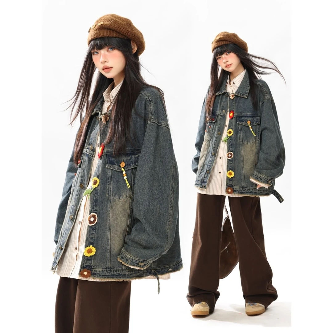 艺术生复古水洗渐变蓝小个子牛仔外套女bf设计感宽松百搭春秋夹克