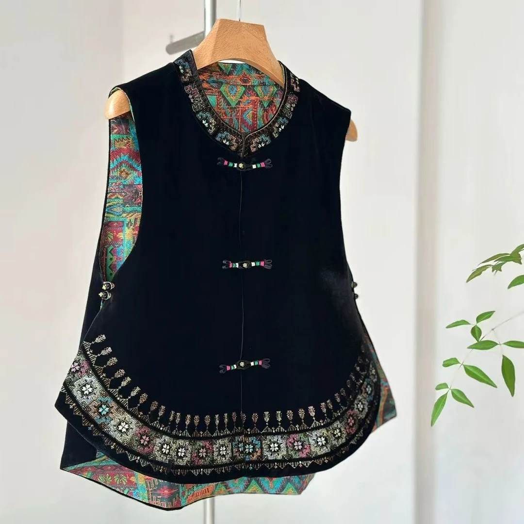 【晚秋】常规款女马夹新中式无袖拼接马甲百搭上衣文艺印花