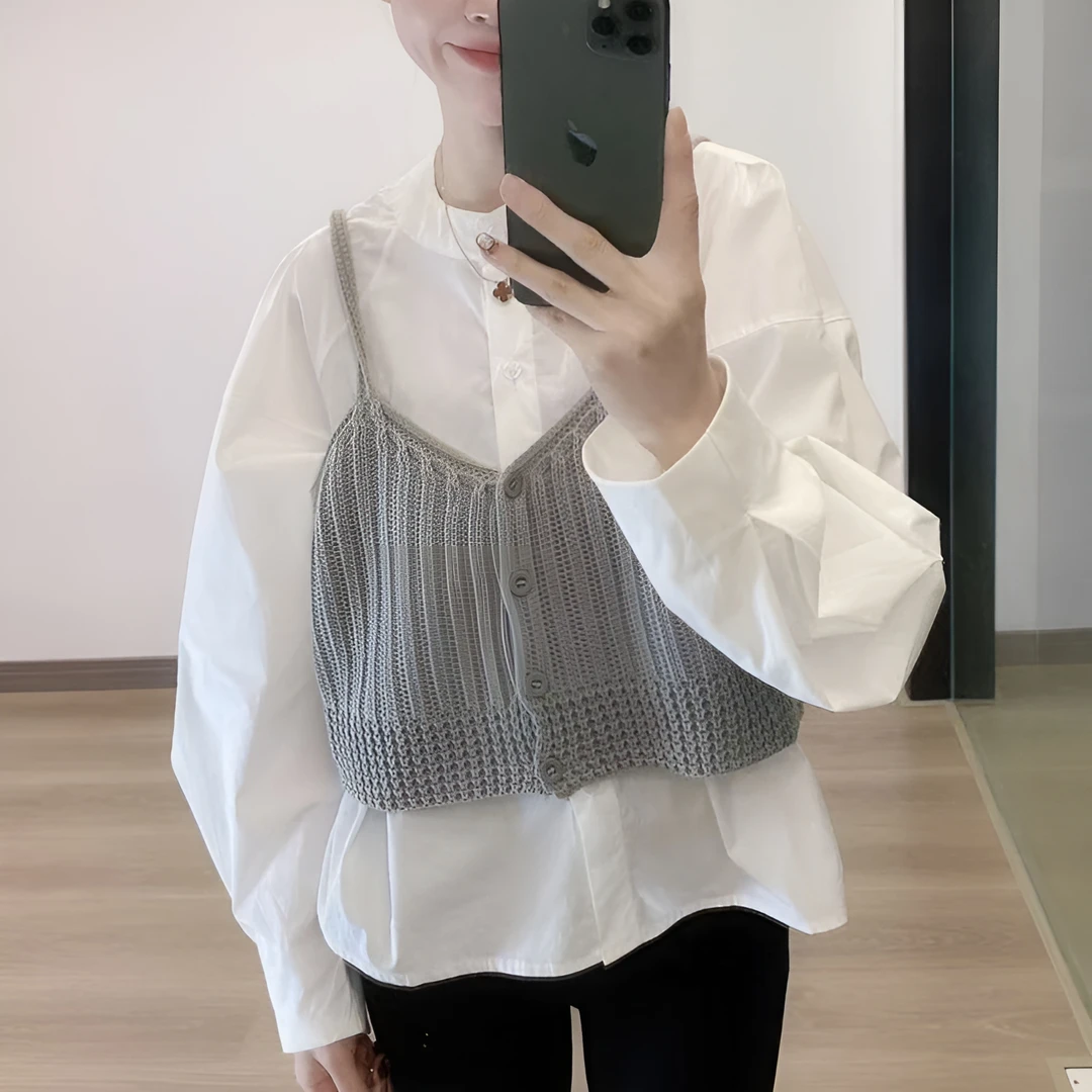 韩系减龄背心衬衫两件套春季新款圆领长袖衬衫＋针织吊带背心套装