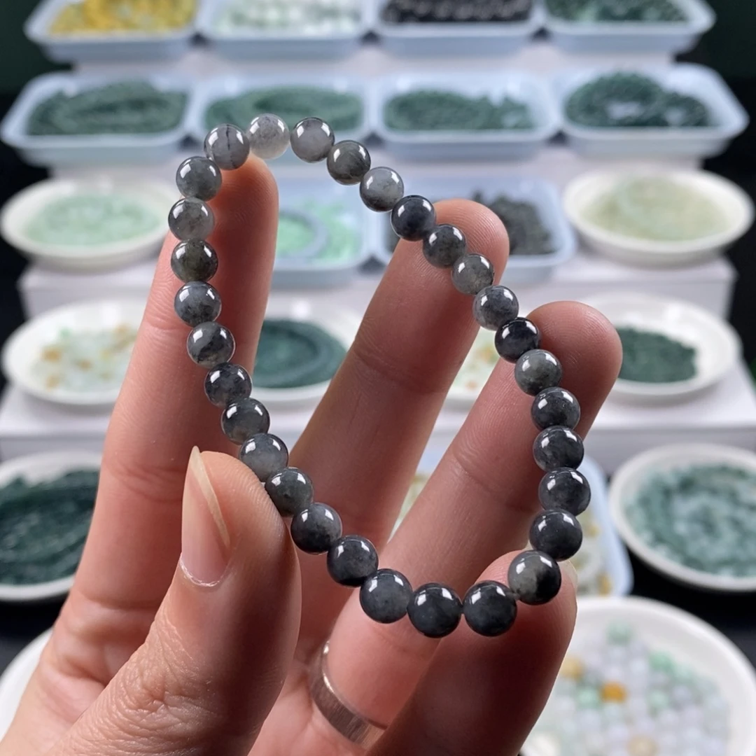 翡翠散珠天然a货翡翠卡6.1mm左右浅乌鸡手串30颗