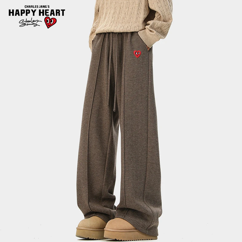 查尔斯桃心复古老钱风加绒加厚弯刀休闲裤男女冬季阔腿直筒长裤子