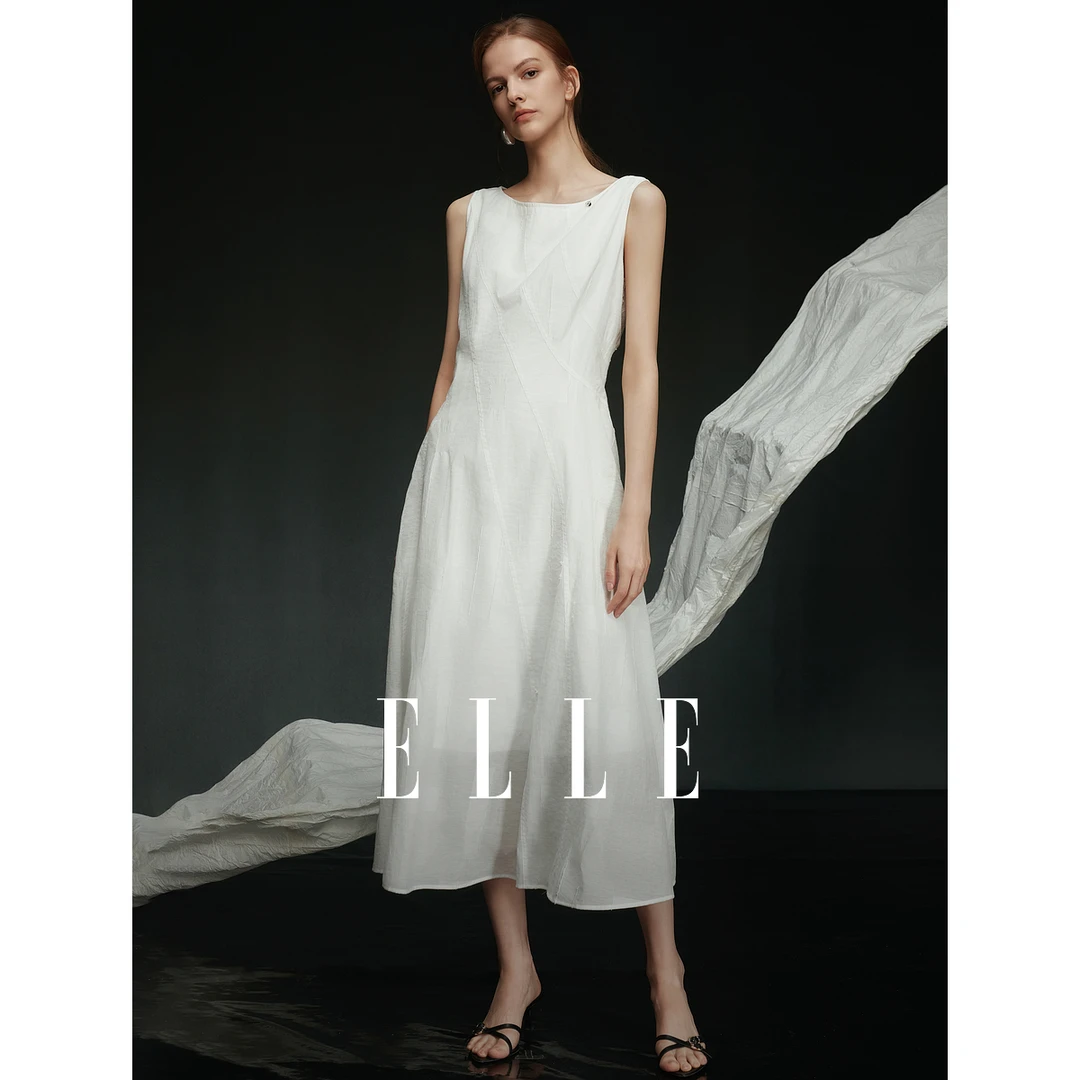 ELLE白色肌理感无袖连衣裙女2025夏日高级感穿搭纯色长裙EL51743