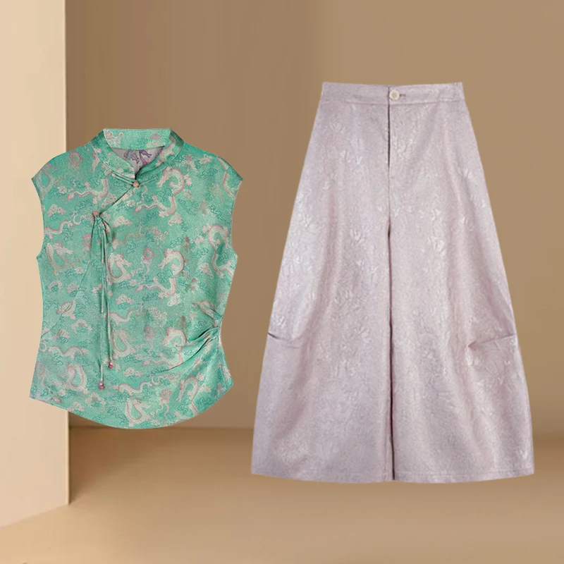 新中式提花收腰短袖套装女夏2025新款时尚气质超好看阔腿裤两件套