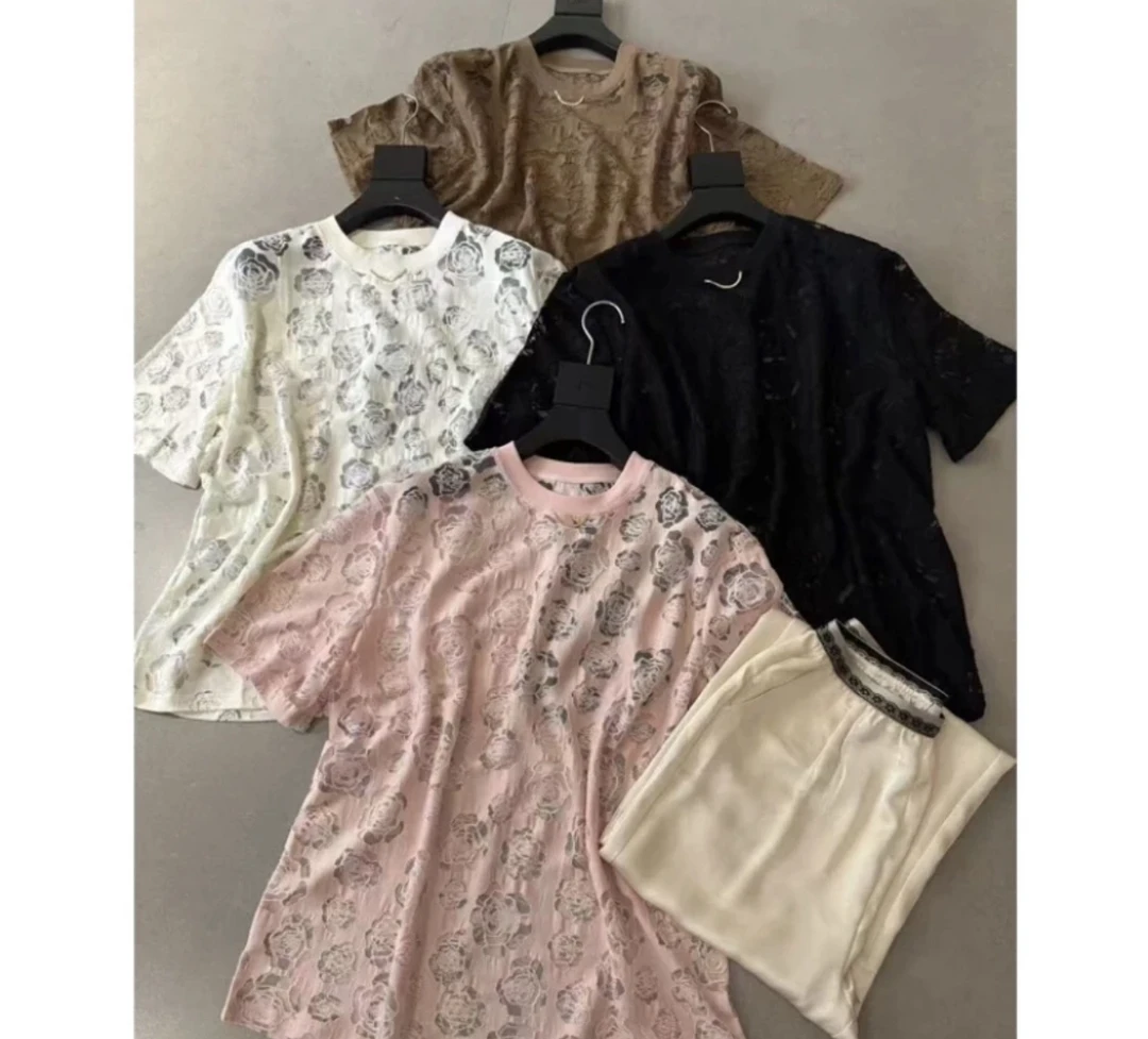 JING2025春夏款01圆领蕾丝镂空短袖T恤女装上衣休闲百搭上衣