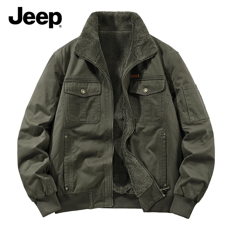 JEEP/吉普品牌秋冬户外休闲男款加厚翻领刺绣水洗加绒棉衣外套