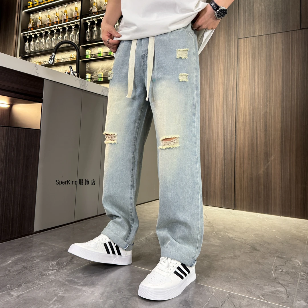 [SPK]2025夏季薄款破洞牛仔裤男士潮牌穿搭修身直筒裤九分休闲裤