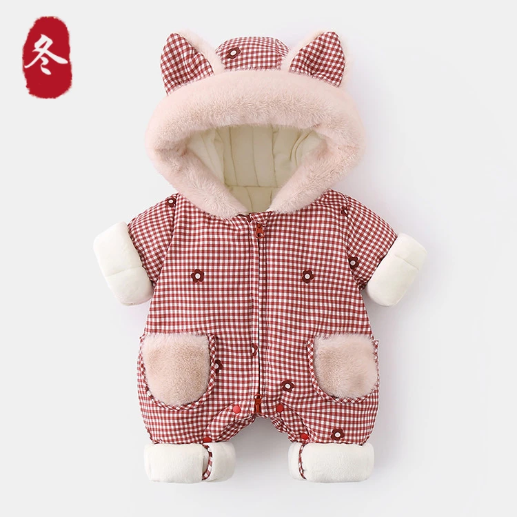 2025新生儿宝宝棉衣格子加绒加厚婴儿连体衣女宝宝外出保暖衣服