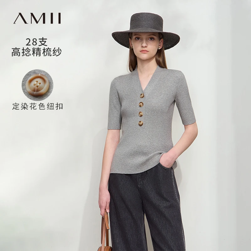 [Amii]修身V领排扣莫兰迪色系中袖毛针织衫女12521086