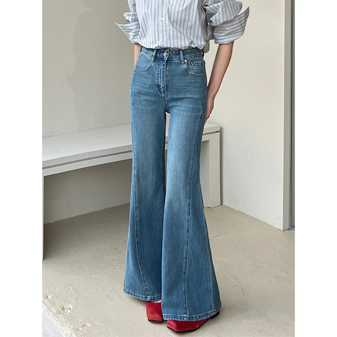 美式复古秋季高腰遮肉微喇牛仔裤女小个子梨型身材显瘦直筒喇叭裤