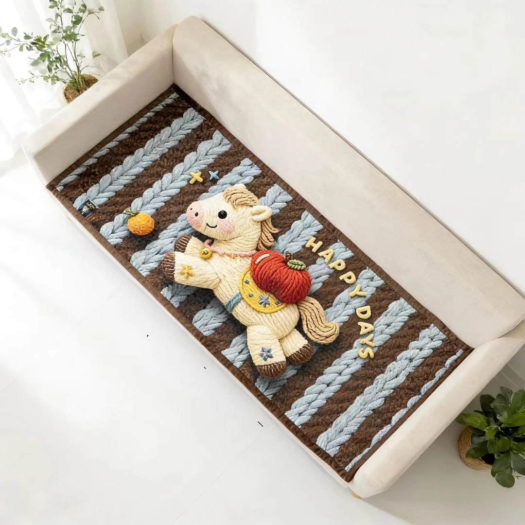 平安喜乐-蓝咖色加厚毛绒沙发垫90*200cm