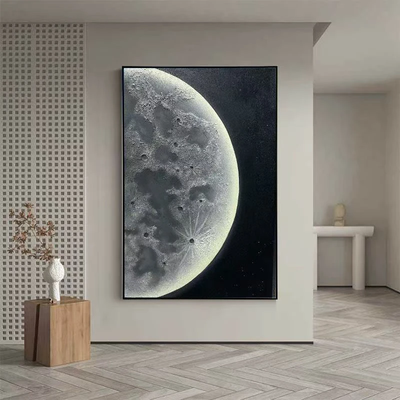 灯画月球客厅装饰画高级沙发背景墙落地挂画肌理砂岩玄关发光壁画