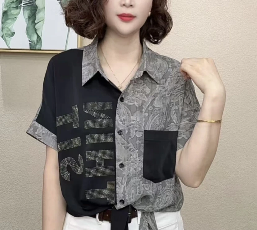 夏季新款时尚洋气翻领拼接个性衬衫气质百搭宽松显瘦女士休闲上衣