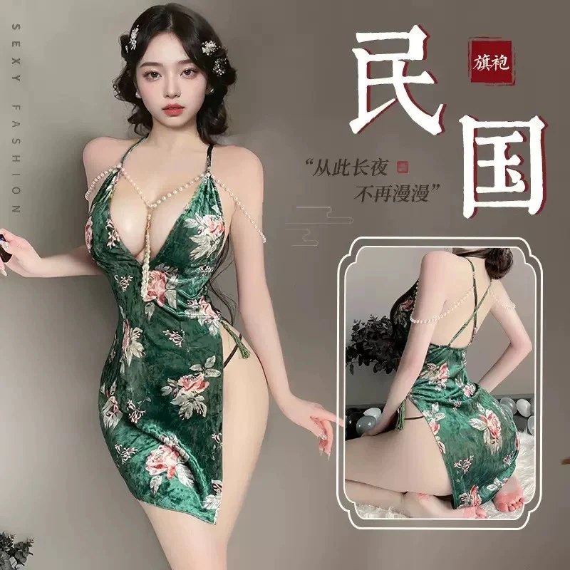 情絮旗袍约会高开叉战袍性感睡衣吊带睡裙纯欲风高级感趣味内衣女