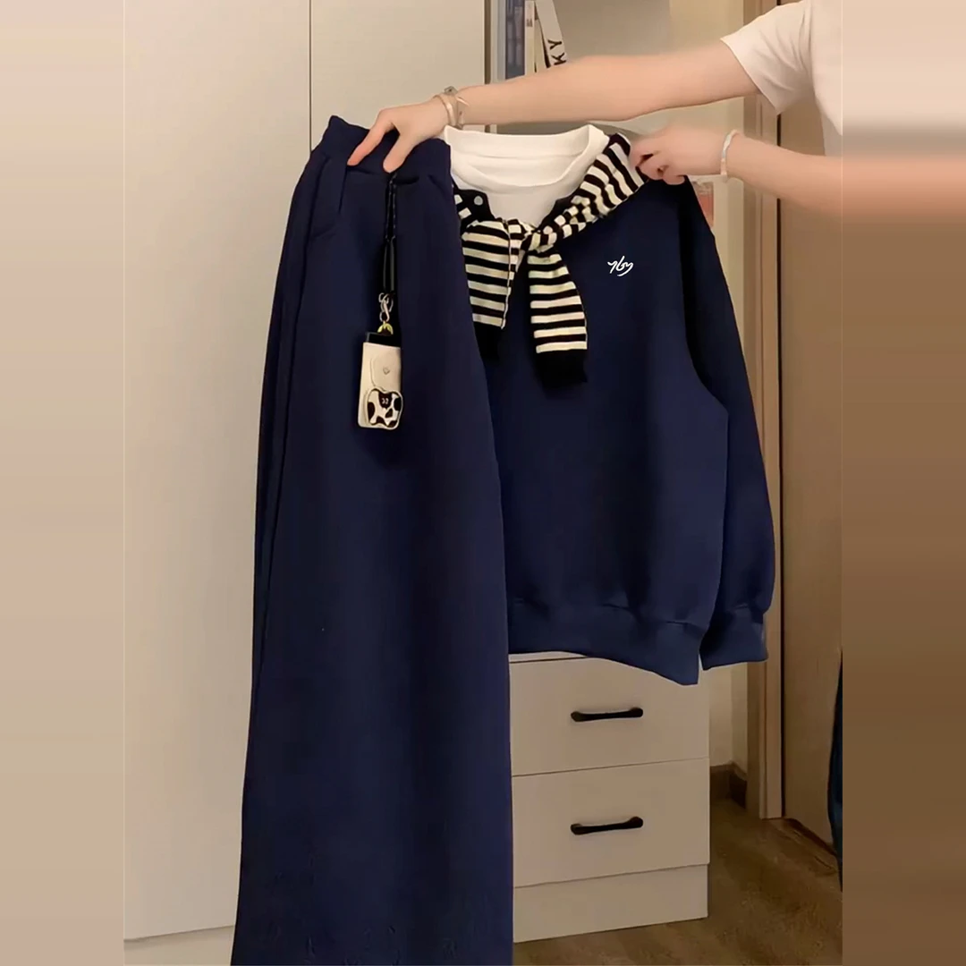 学院风蓝色卫衣休闲运动套装女秋季2025新款小个子减龄穿搭一整套