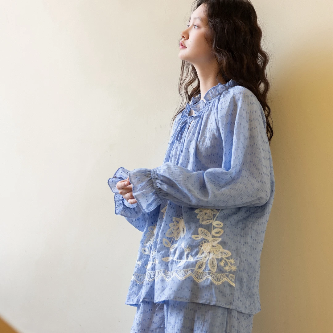 族玛士睡衣女春秋季2025新款夏天高级感刺绣长袖可外穿家居服套装