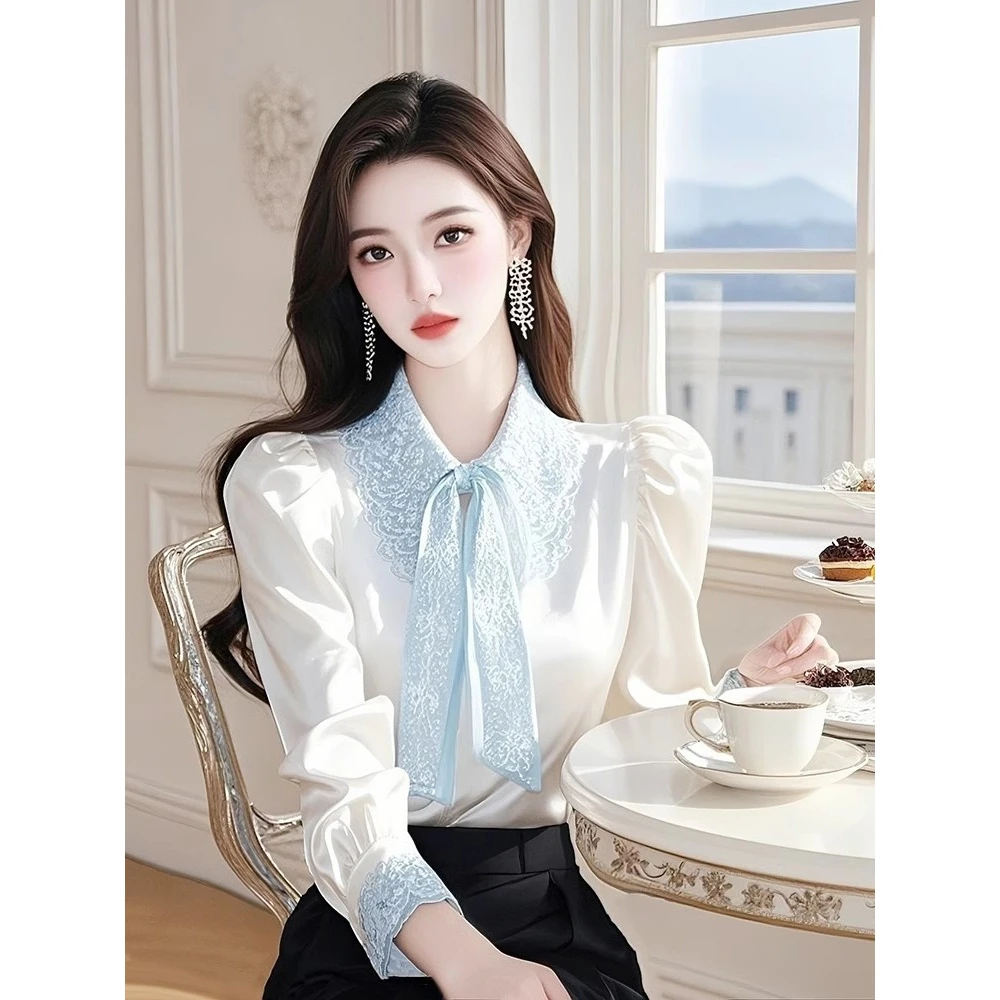 甜美蕾丝衬衣女秋款长袖蝴蝶结雪纺白衬衫女新款2025年翻领上衣