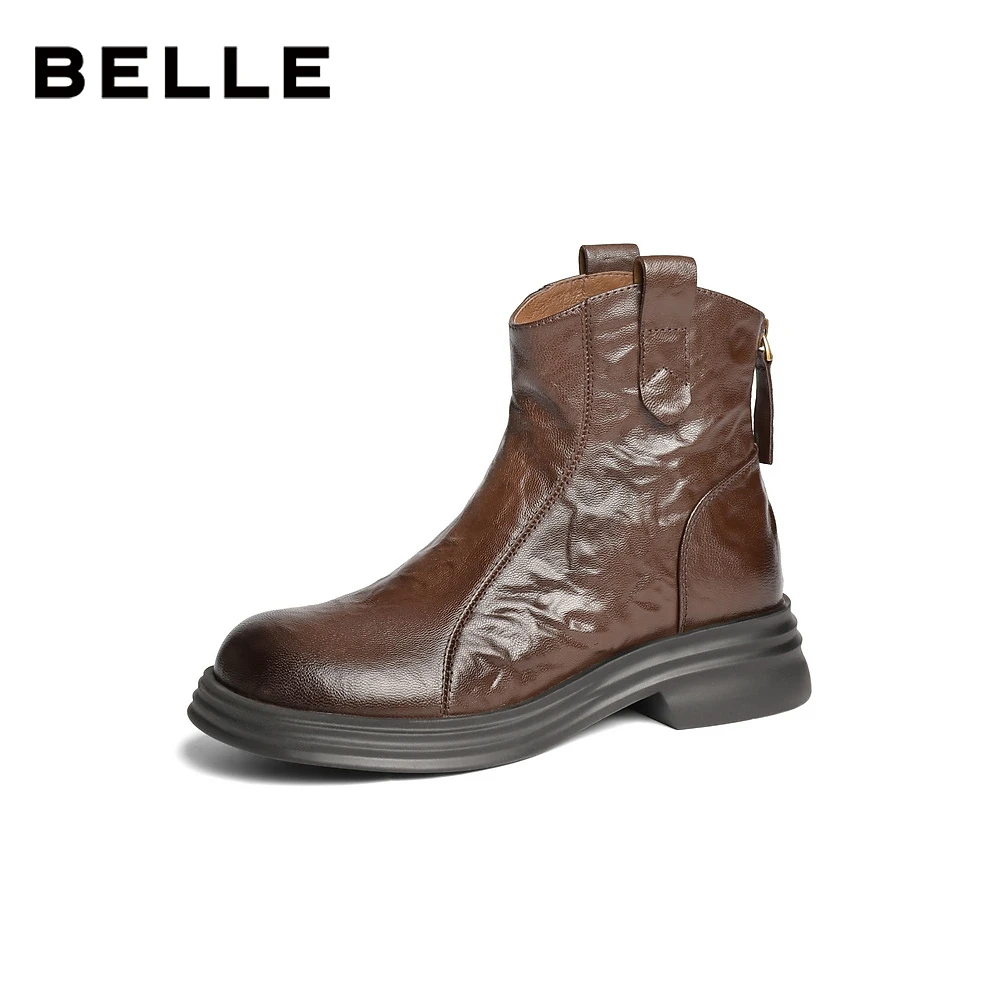 【小铃铛】百丽复古时尚弹力靴女冬新商场同款真皮显瘦短靴D4L1DDD4