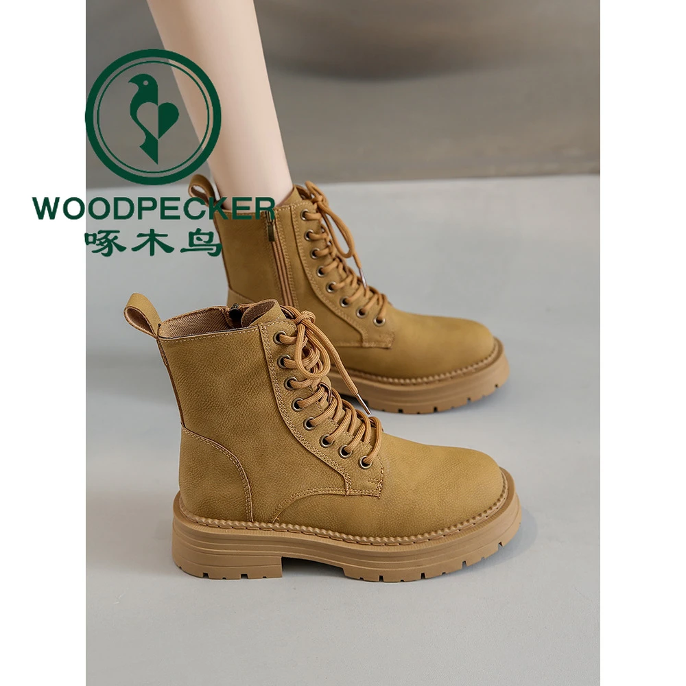 啄木鸟马丁靴女秋季新款厚底炸街小短靴英伦风增高显脚小大黄靴子