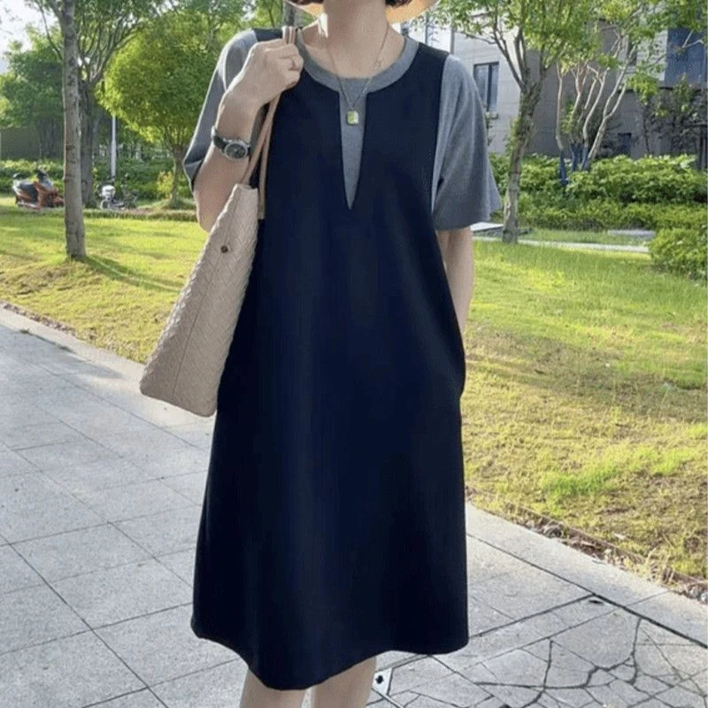 夏装新款拼接薄款通勤遮肚短袖长裙子宽松爆款假两件圆领连衣裙女