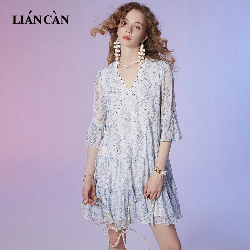 莲灿2025秋新商场同款浪亚风V领有里布雪纺中袖连衣裙71VF124014